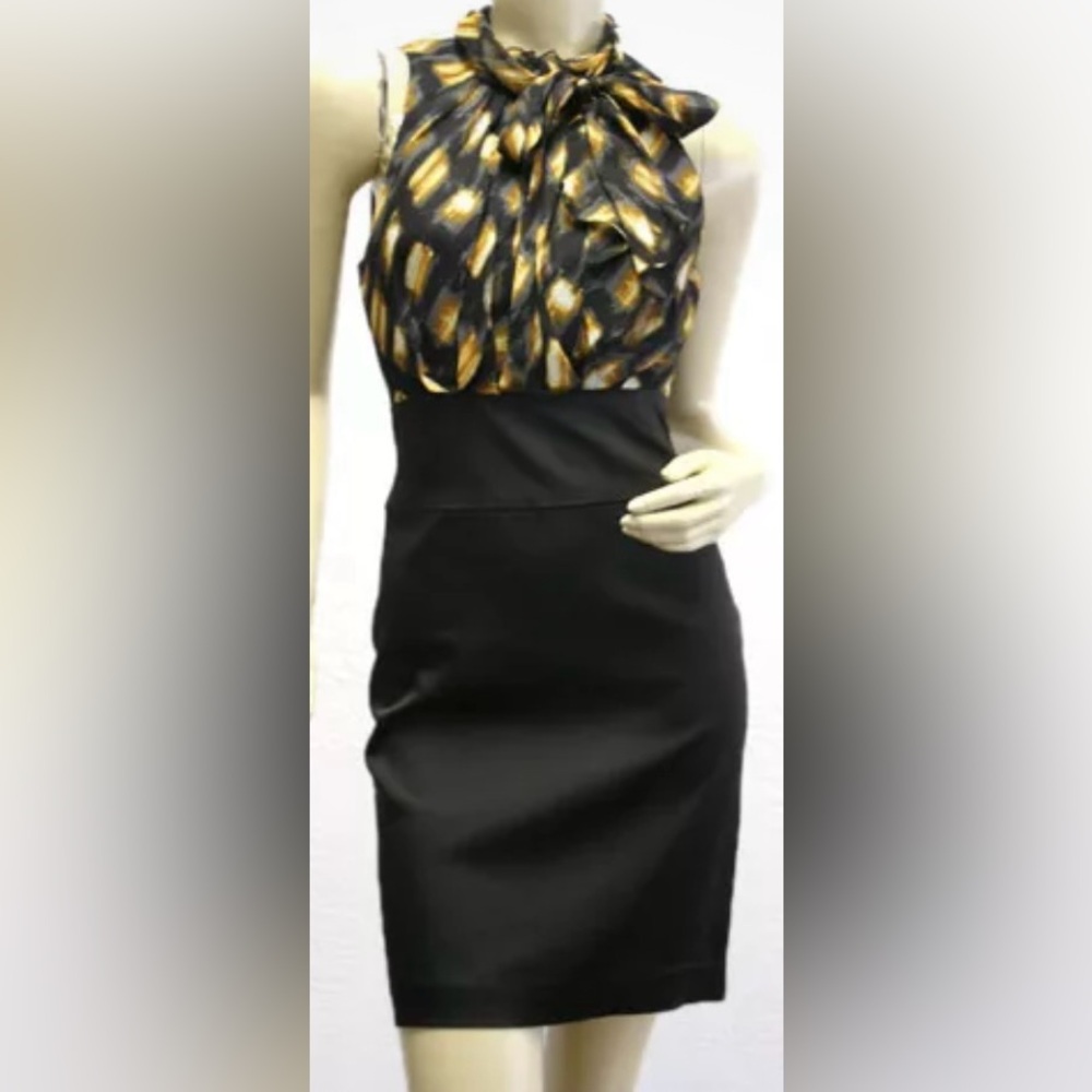 BCBGMAXA7RIA Helanlie Silk Tie Black & Gold Abstract Ruffle Sheath Dress